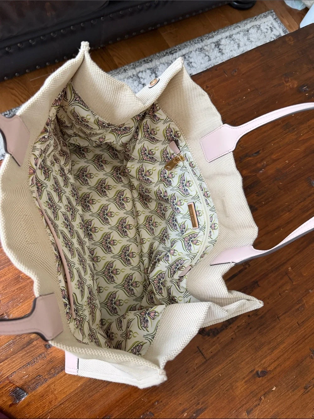 Tory Burch Mint Canvas Tote with Pale Pink Logo Accent